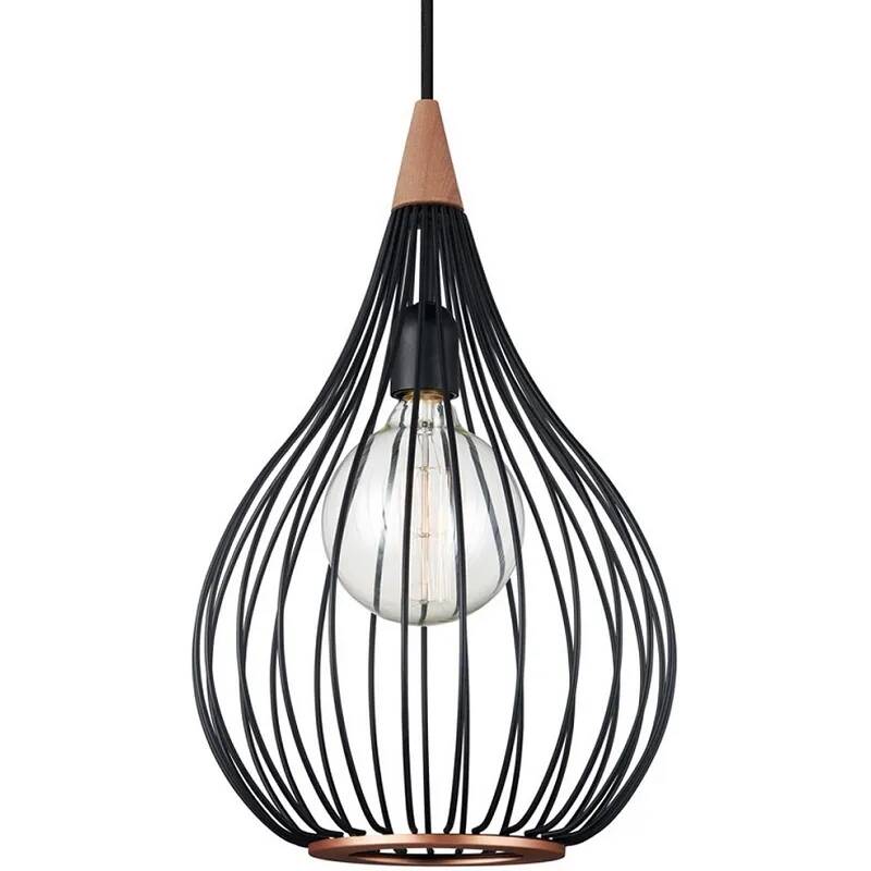 Lampe suspension en métal noir et bois mahogany Ø30