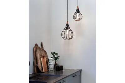 Lampe suspension en métal noir et cuivre et bois mahogany Ø30