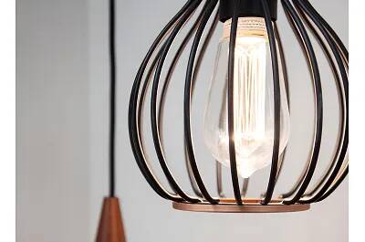 Lampe suspension en métal noir et cuivre et bois mahogany Ø30