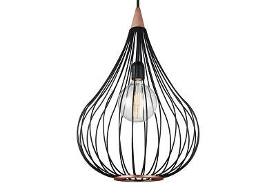 Lampe suspension en métal noir et cuivre et bois mahogany Ø38