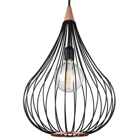 Lampe suspension en métal noir et bois mahogany Ø38