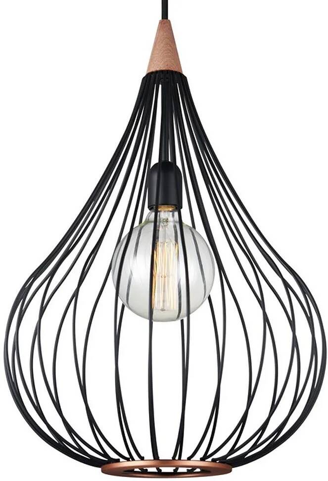Lampe suspension en métal noir et cuivre et bois mahogany Ø38