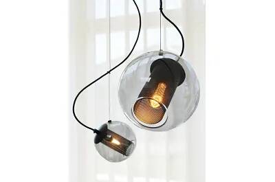 Lampe suspension en verre noir fumé et métal noir Ø35