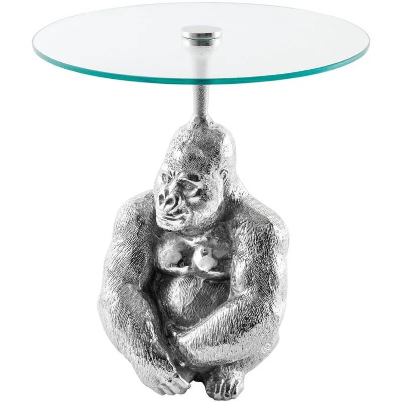 Table d'appoint design gorille en verre et aluminium argenté