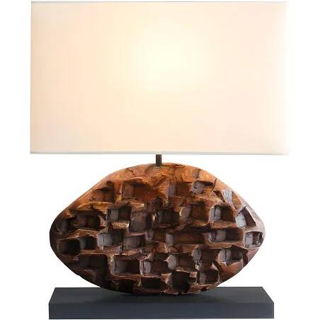 Lampe de table en bois massif d'acacia marron et coton blanc