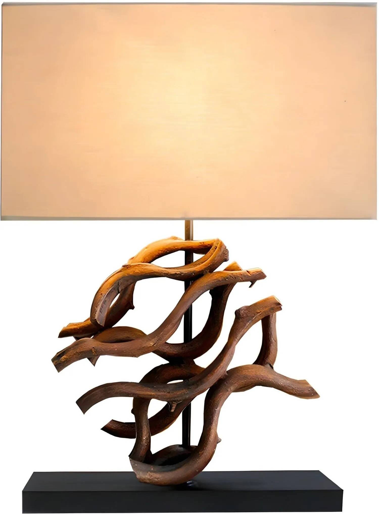 Lampe de table en bois fruitier de soie et coton beige