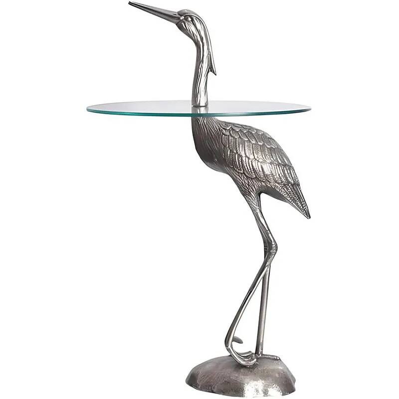 Table d'appoint design héron en verre et aluminium argenté