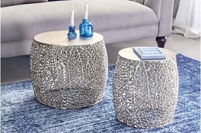Set de 2 tables d'appoint design gigognes en aluminium argenté