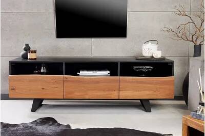Meuble TV en bois massif acacia et métal noir 3 tiroirs
