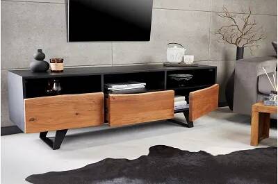 Meuble TV en bois massif acacia et métal noir 3 tiroirs