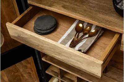 Meuble de bar en bois de manguier noir et métal noir 2 portes