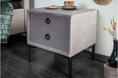 Table de chevet design en velours gris et métal noir 2 tiroirs