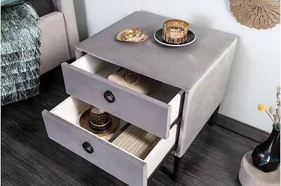 Table de chevet design en velours gris et métal noir 2 tiroirs