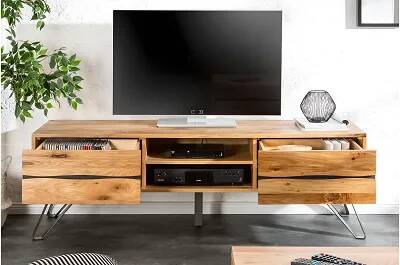 Meuble TV en bois massif de chêne et métal anthracite 2 tiroirs