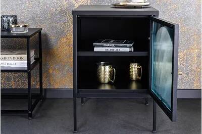 Table de chevet en métal noir et verre transparent 1 porte