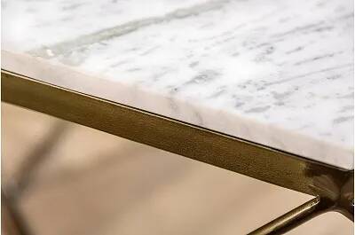 Table basse design en aspect marbre blanc et métal laiton antique Ø70