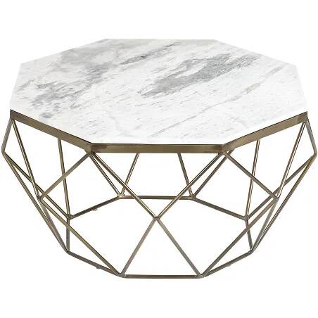 Table basse design en aspect marbre blanc et métal laiton antique Ø70
