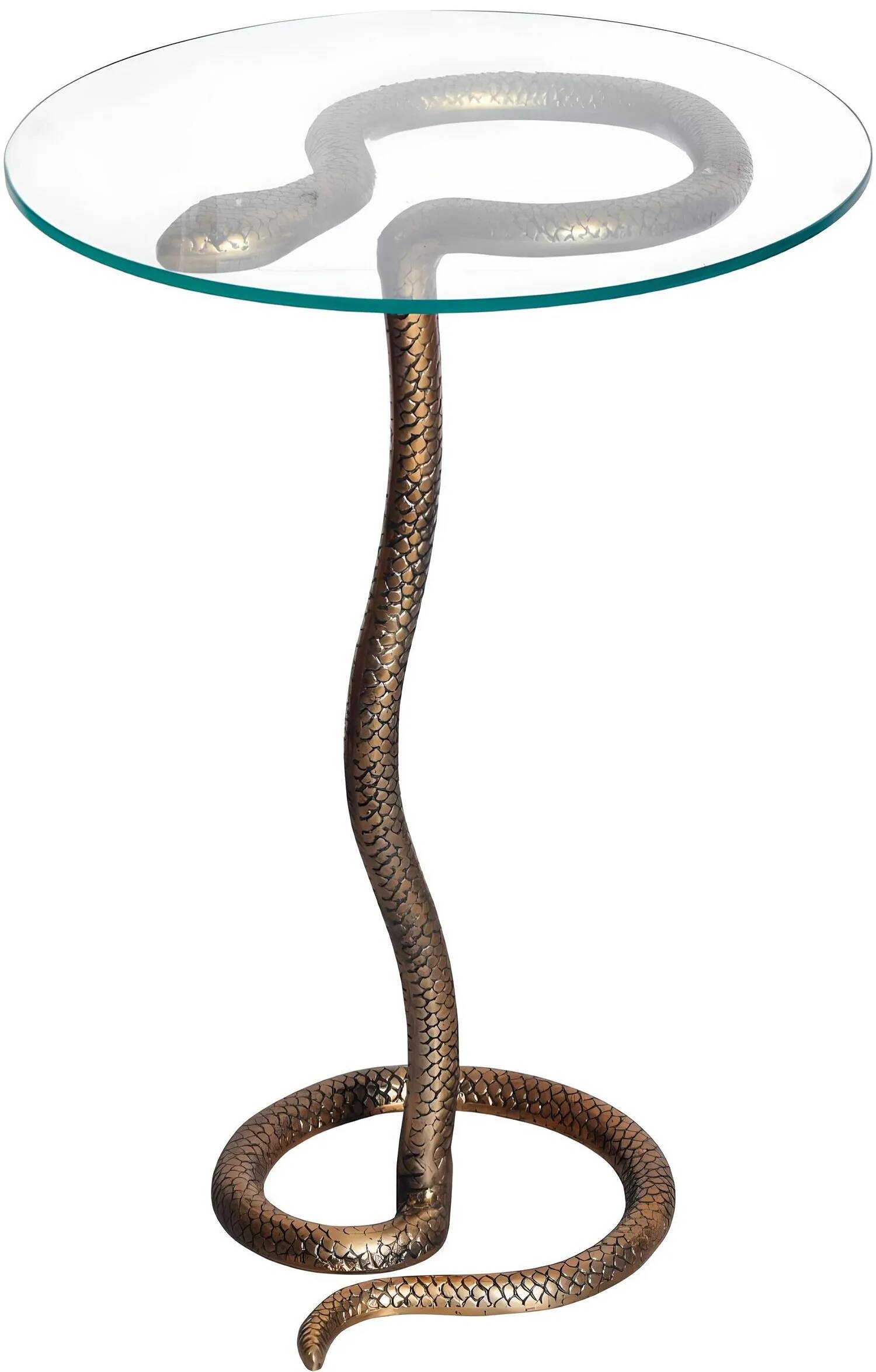 Table d'appoint design serpent en verre et aluminium cuivré