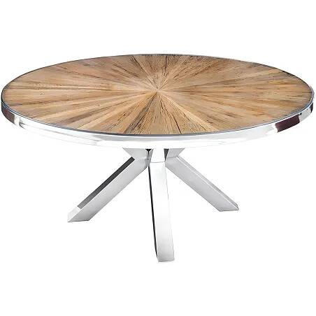 Table de salle à manger en bois massif de teck et acier chromé Ø120