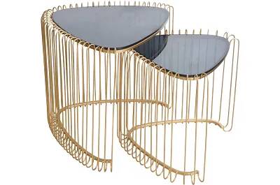 17281 - 185852 - Set de 2 tables d'appoint gigognes en métal doré et verre fumé