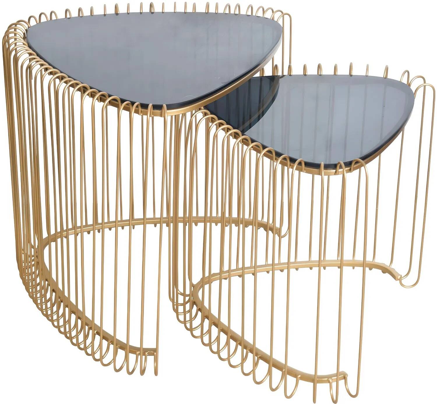 Set de 2 tables d'appoint gigognes en métal doré et verre fumé