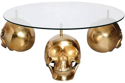 Table basse design crânes en verre et métal doré Ø90