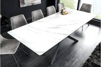 Table de salle à manger extensible en céramique aspect marbre blanc L160-200