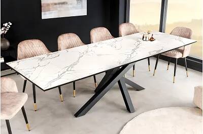 Table de salle à manger extensible en céramique aspect marbre blanc L180-220-260