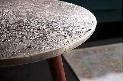 Table d'appoint en bois massif d'acacia marron et métal argent antique