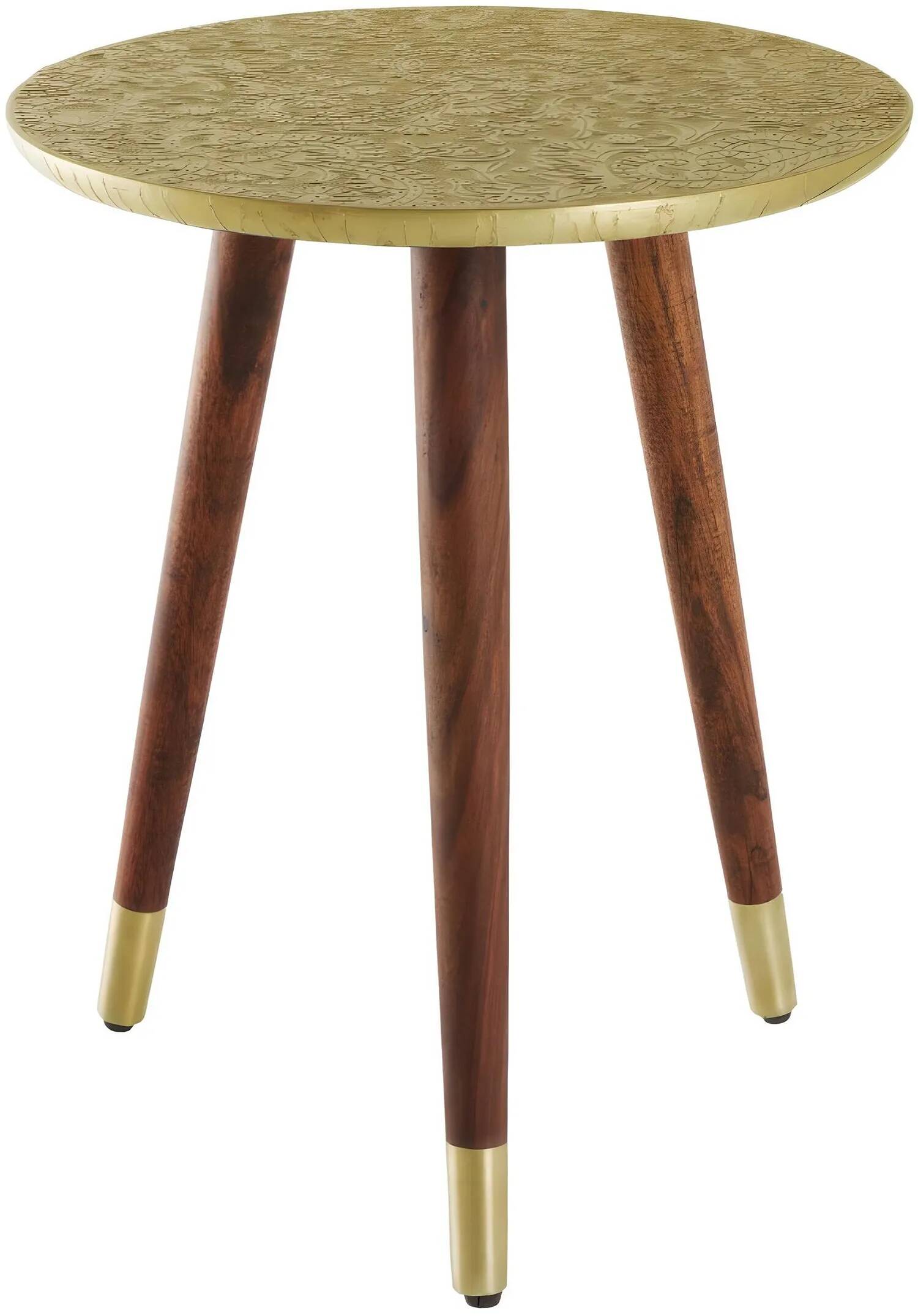Table d'appoint en bois massif d'acacia marron et métal or antique