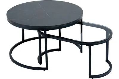 17328 - 186550 - Set de 2 tables basses gigognes en verre et aspect marbre noir Ø70