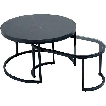 Set de 2 tables basses gigognes en verre et aspect marbre noir Ø70