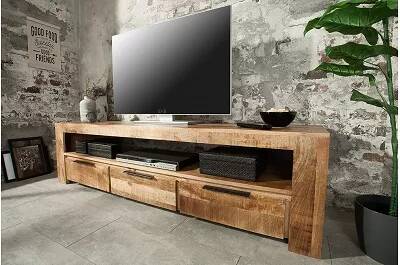 Meuble TV en bois massif manguier laqué naturel 3 tiroirs
