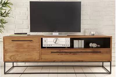 Meuble TV en bois massif acacia laqué 1 porte rabat et 1 tiroir