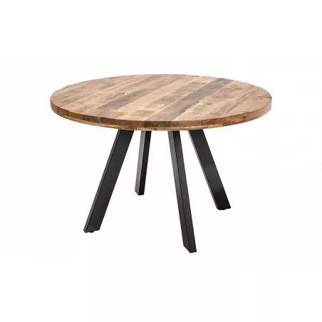 Table de salle à manger industrielle bois massif manguier naturel et métal noir Atonio 120x120