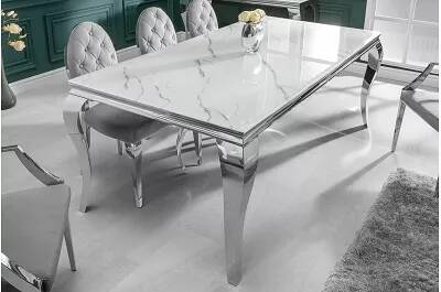 Table de salle à manger en verre aspect marbre blanc