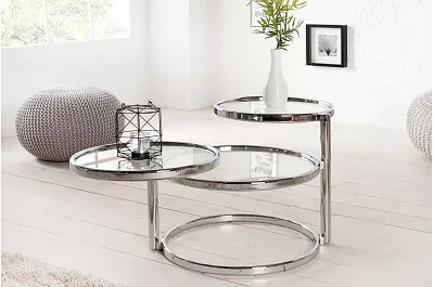 Table basse design en verre et métal chromé 3 plateaux Ø55