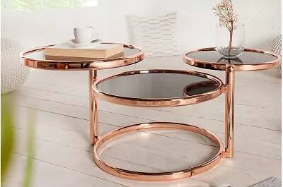 Table basse design en verre noir et métal cuivre 3 plateaux Ø55