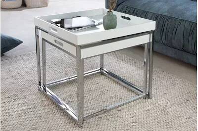 Set de 2 tables d'appoint avec plateau amovible blanc et métal chromé