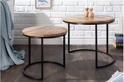 Set de 2 tables d'appoint gigognes en bois massif manguier et métal noir