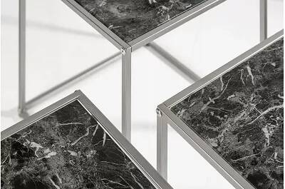 Set de 3 tables d'appoint en métal chromé et verre aspect marbre noir