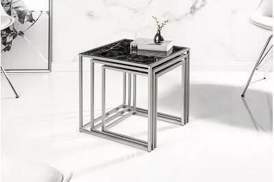 Set de 3 tables d'appoint en métal chromé et verre aspect marbre noir