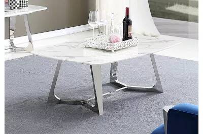 Table basse design aspect marbre blanc et acier chromé L130