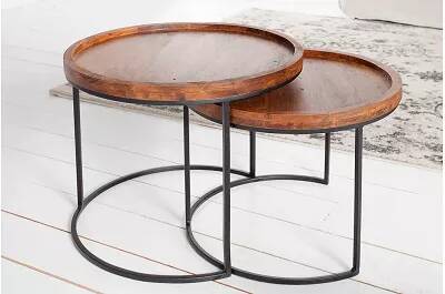 Set de 2 tables basses gigognes en bois massif acacia et métal noir