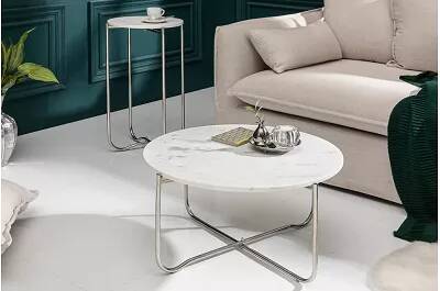 Table d'appoint avec plateau amovible aspect marbre blanc et métal chromé