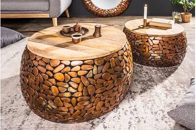 Set de 2 tables basses design en aluminium cuivré et bois massif acacia