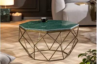 Table basse design en aspect marbre vert et métal laiton antique Ø69