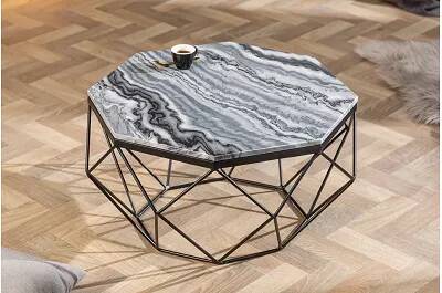 Table basse en aspect marbre gris et métal noir Ø70