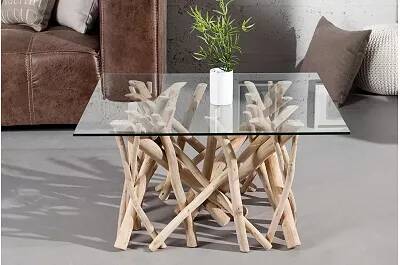 Table basse en bois massif teck et verre