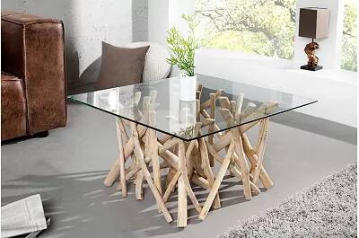 Table basse en bois massif teck et verre